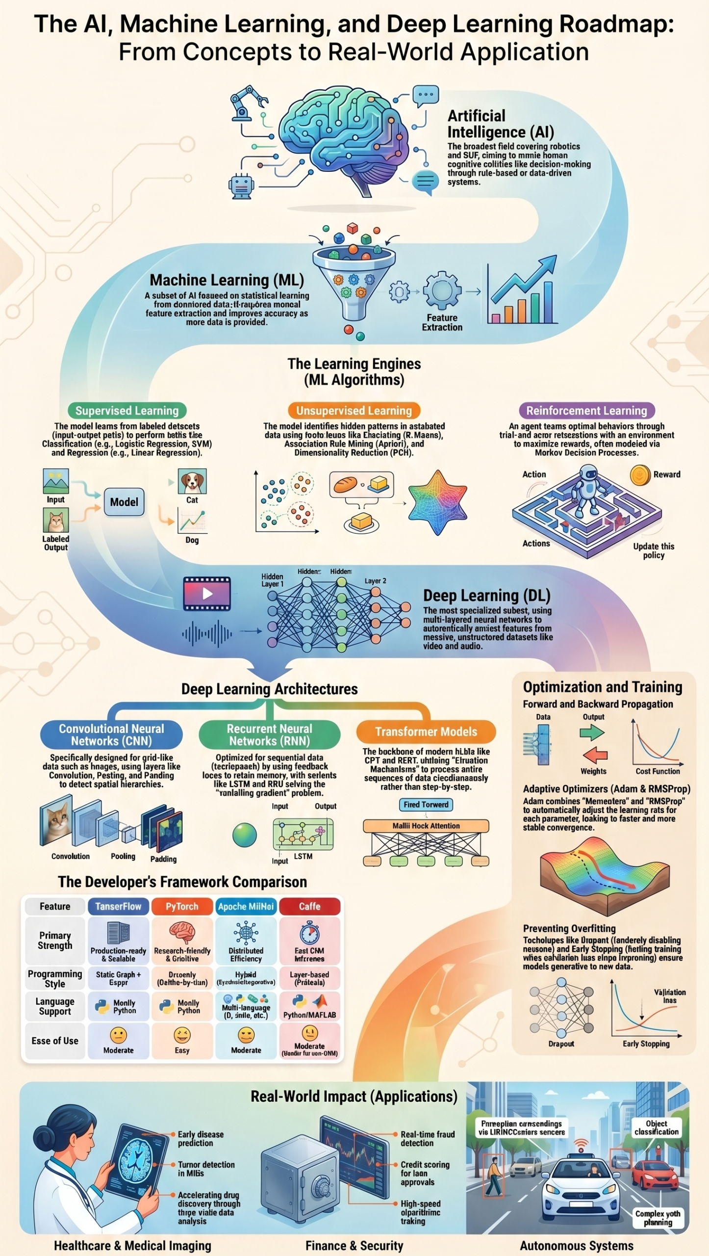 Understand the difference between AI, Machine Learning and Deep Learning with a simple roadmap covering learning engines, neural networks, training concepts and real-world applications.